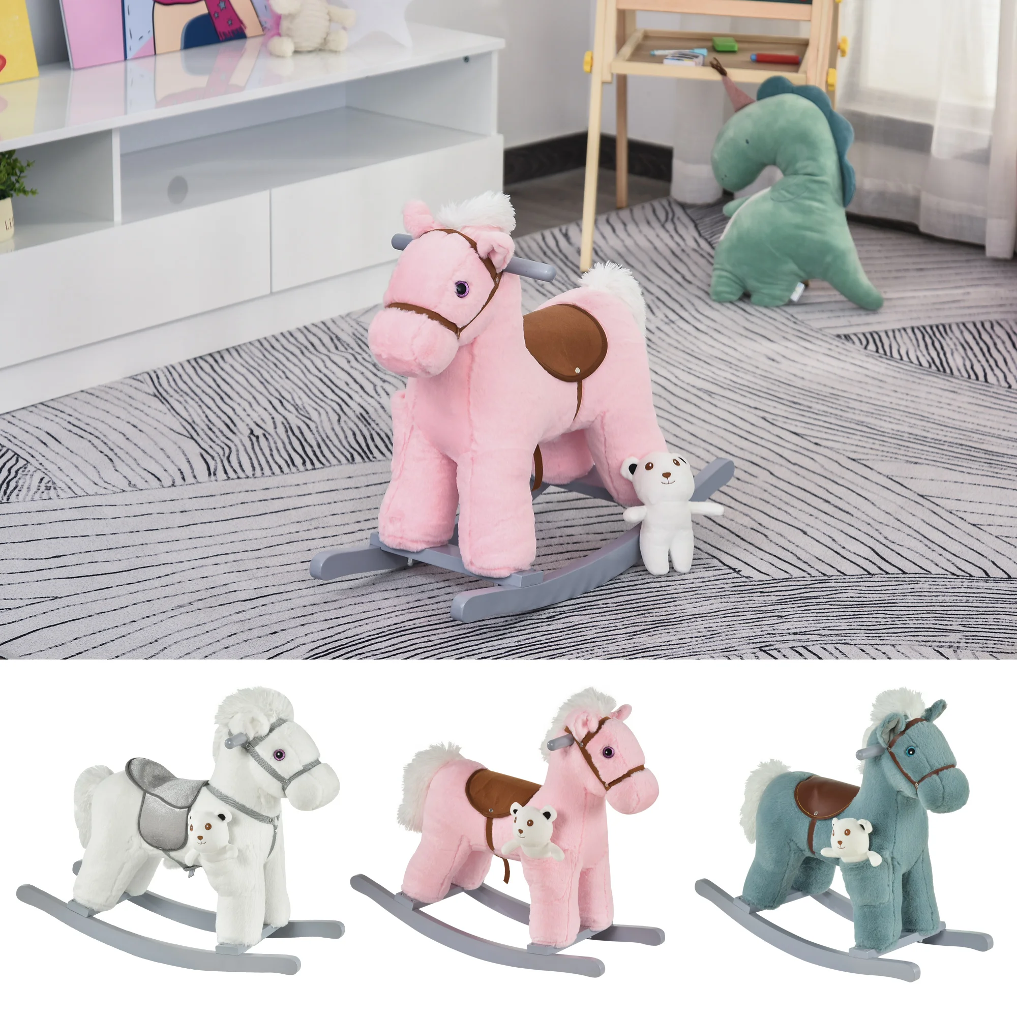 HOMCOM Caballito Balancín para Niños de 18-36 Meses Caballo Mecedora Felpa con Osito de Peluche Sonidos de Relincho 65x26x55 cm - imagen 2