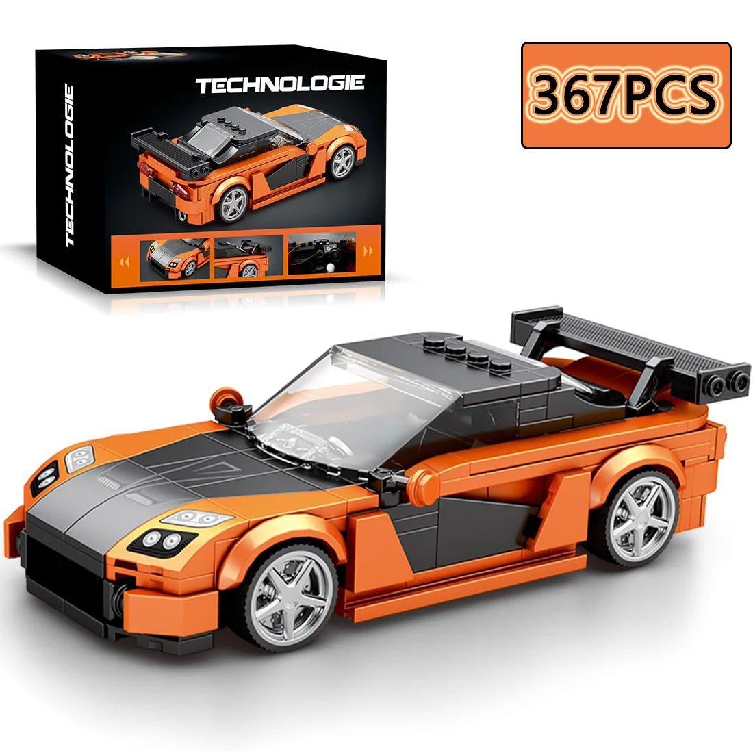 Coche de construcción deportivo naranja en bloques para niños