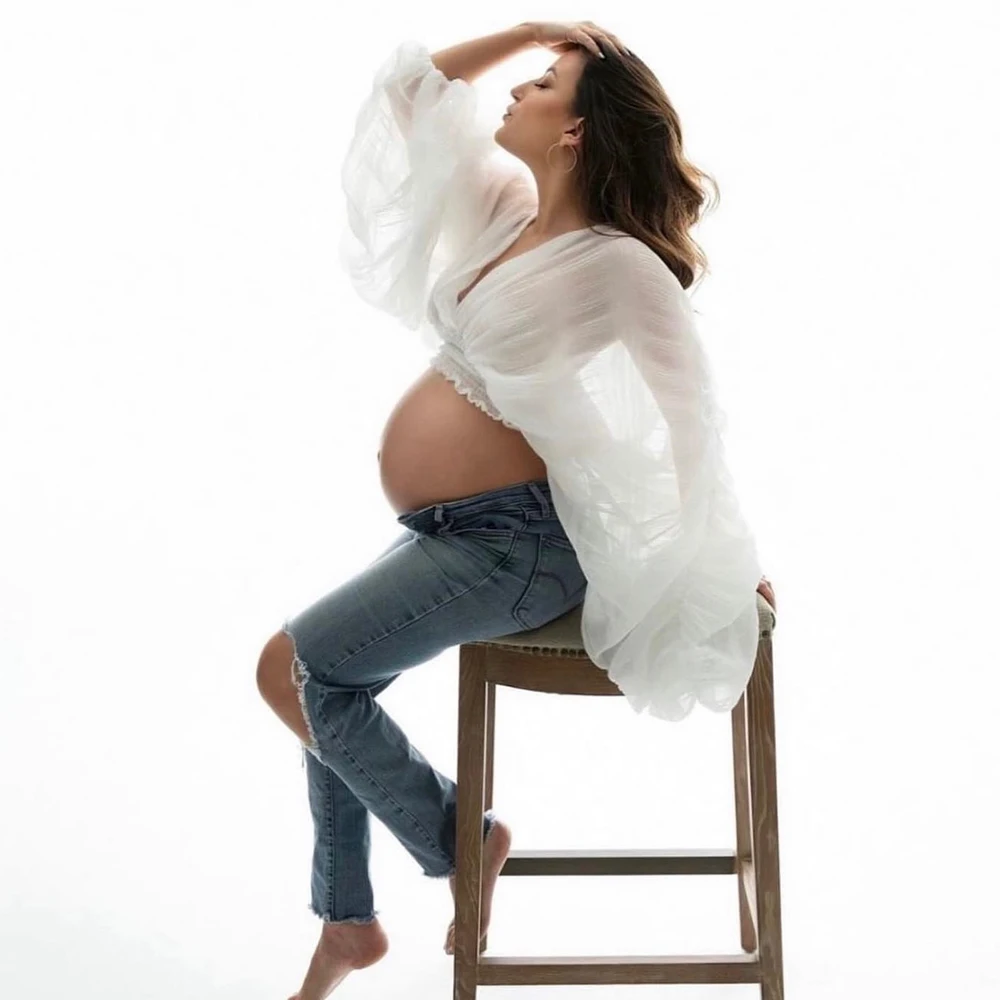 Top plisado maternal con manga abullonada para sesiones de fotos