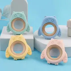 TYRY.HU Mordedor de silicona para bebé con anillo búho de madera