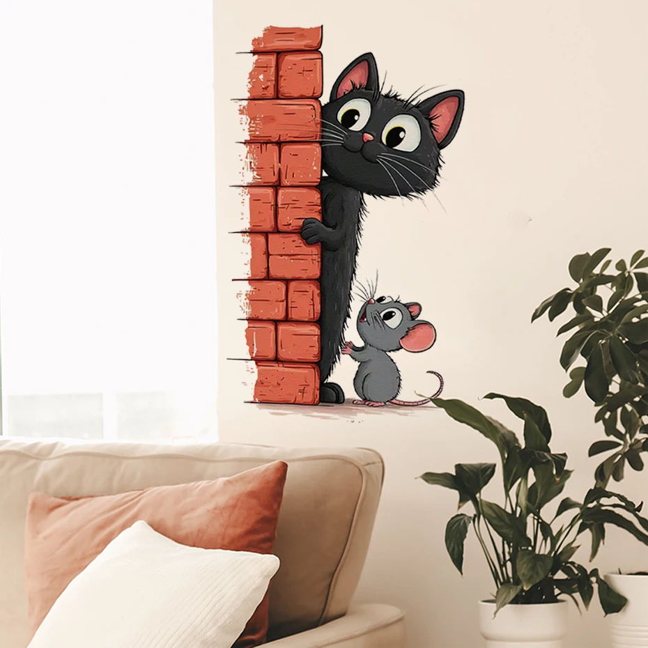 Vinilo pared con gato y ratón estilo infantil para dormitorio