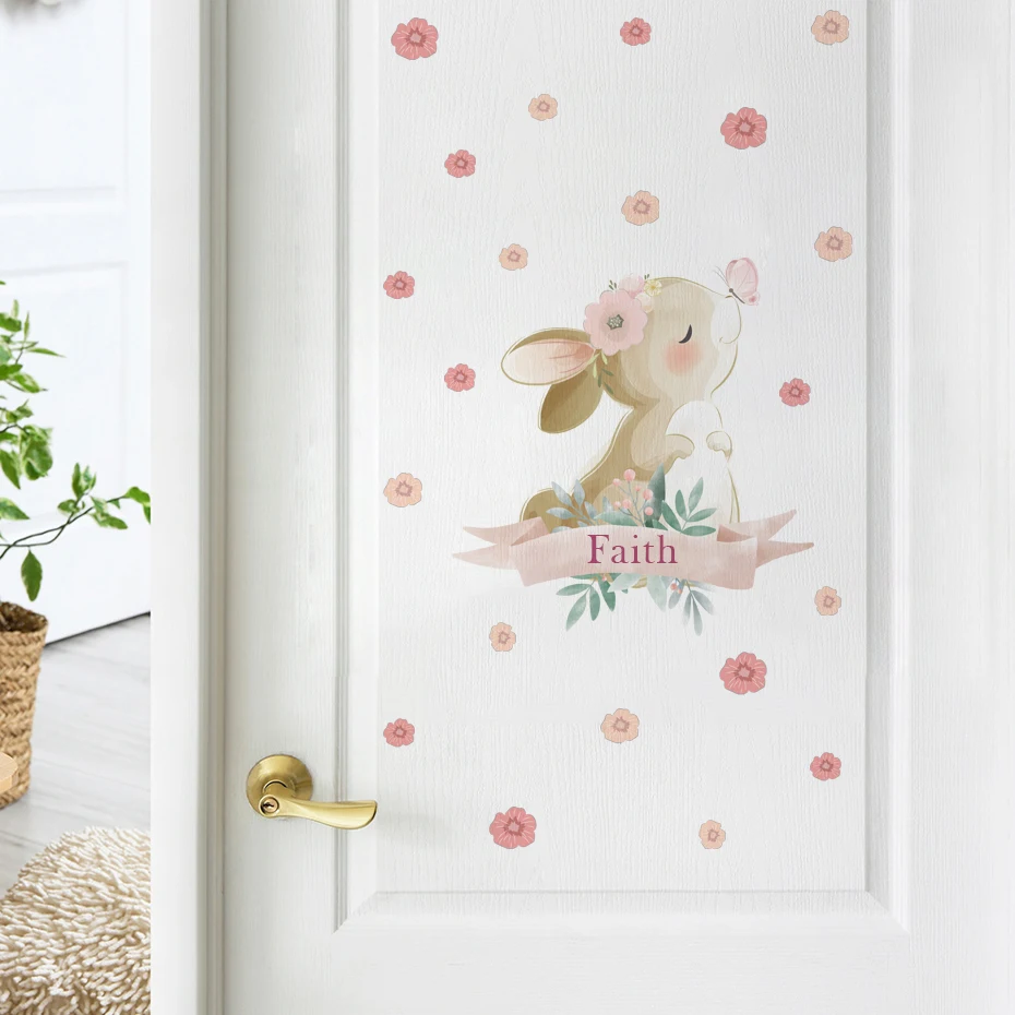 Pegatinas pared infantiles de conejito rosa boho para puertas - imagen 4