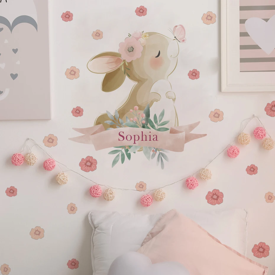 Pegatinas pared infantiles de conejito rosa boho para puertas - imagen 2