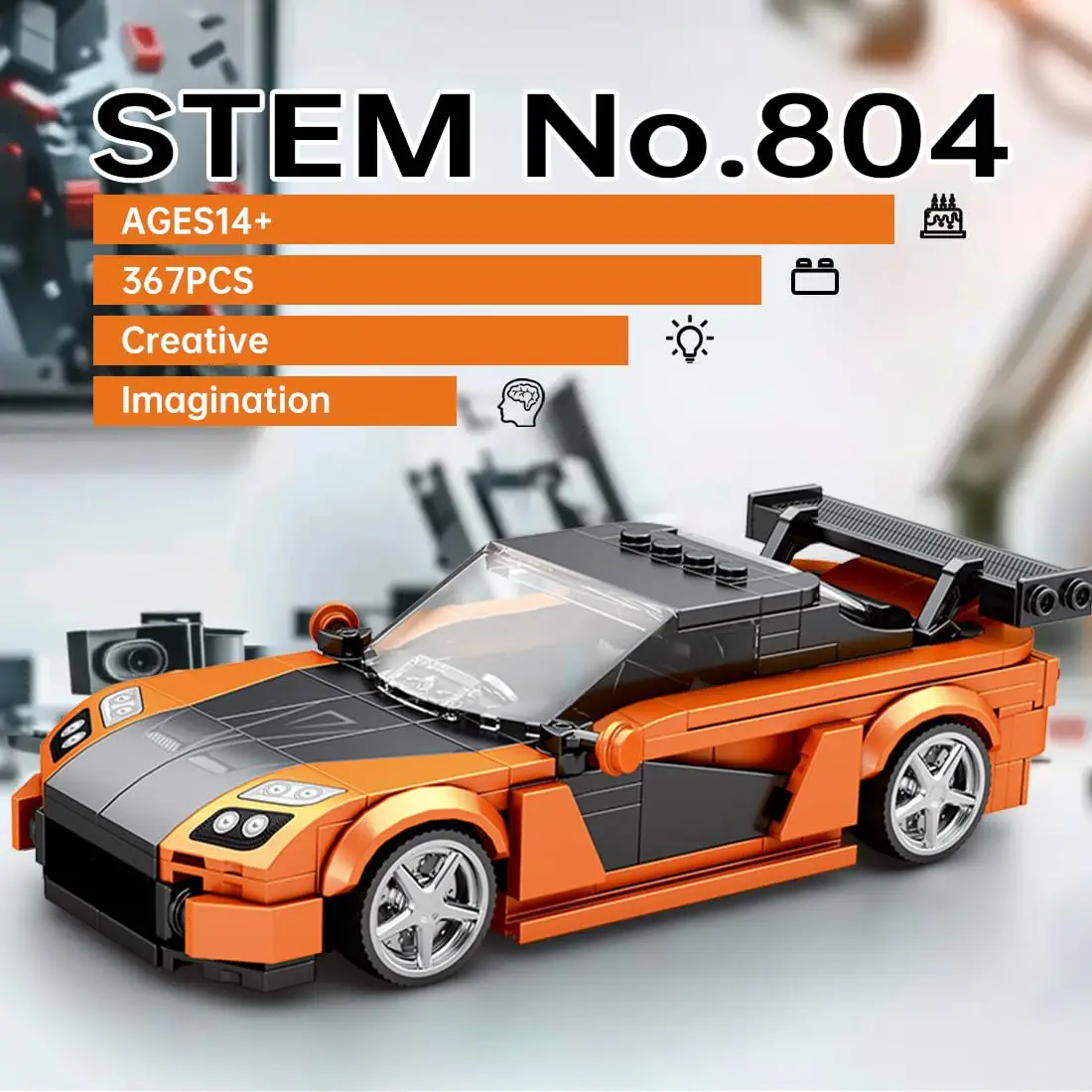 Coche de construcción deportivo naranja en bloques para niños - imagen 3