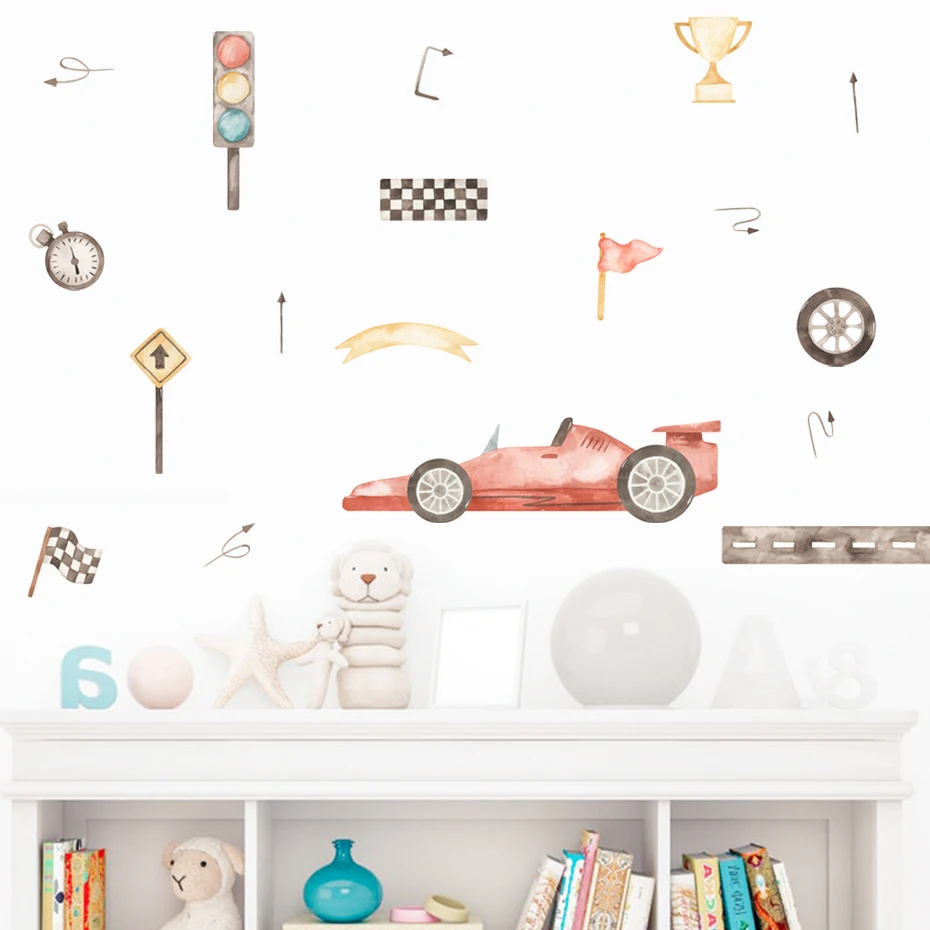 Pegatina de pared infantil en vinilo acuarela con bandera de carreras - imagen 4