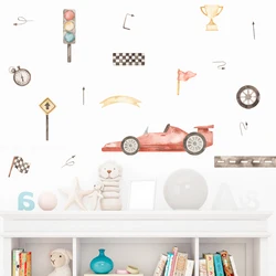 Pegatina de pared infantil en vinilo acuarela con bandera de carreras