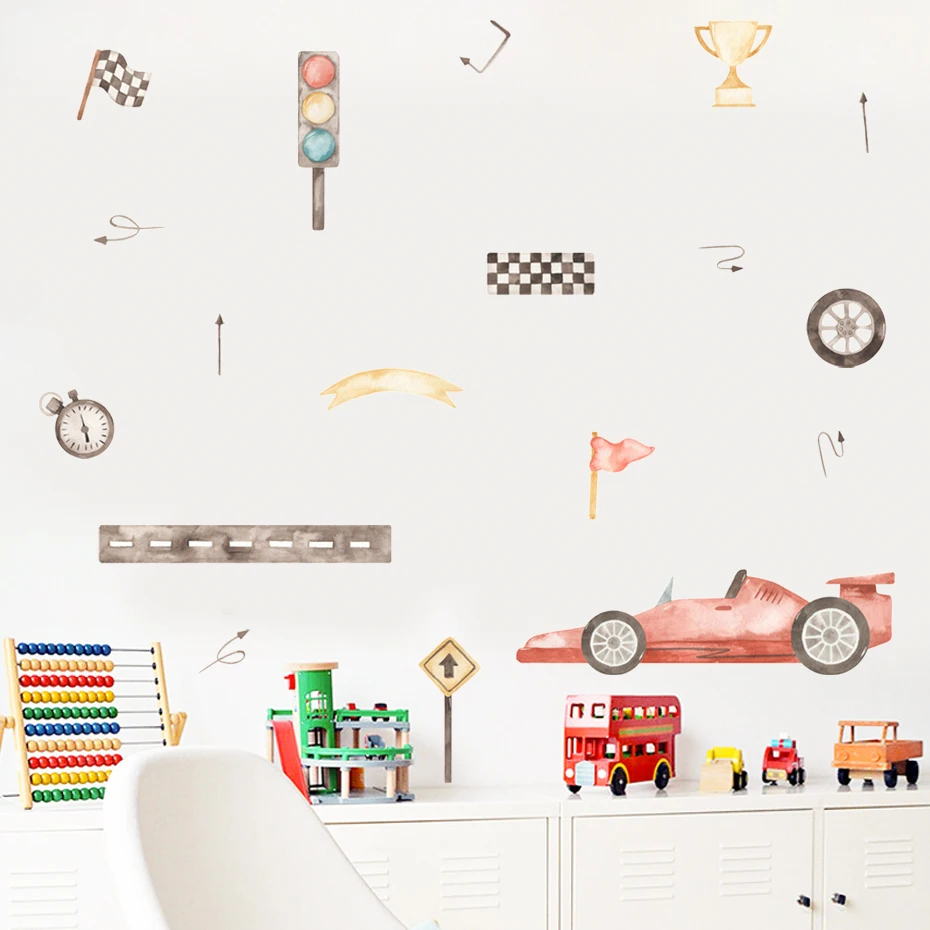 Pegatina de pared infantil en vinilo acuarela con bandera de carreras - imagen 5