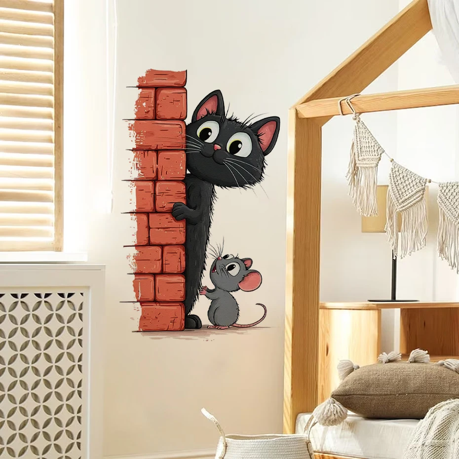 Vinilo pared con gato y ratón estilo infantil para dormitorio - imagen 2