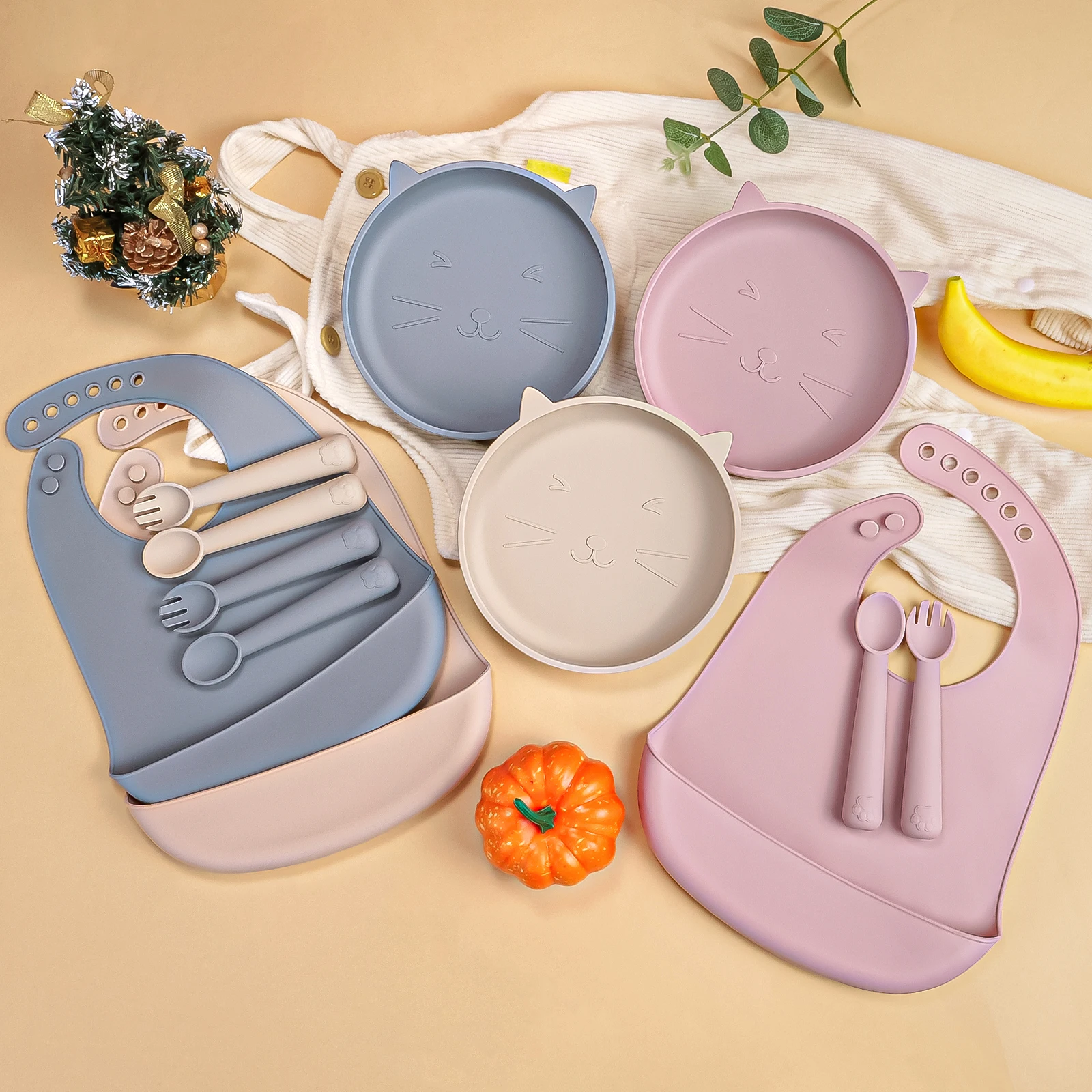 Juego de alimentación de silicona para bebé con bandeja poco profunda y babero de silicona