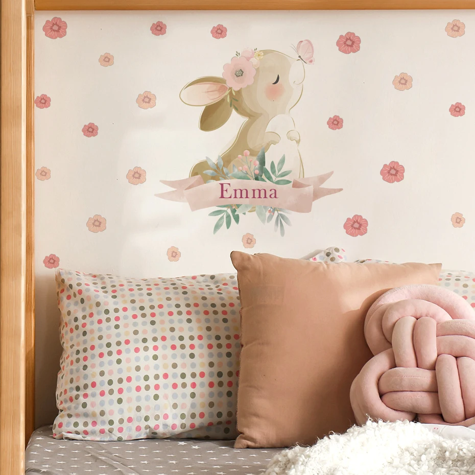 Pegatinas pared infantiles de conejito rosa boho para puertas - imagen 3