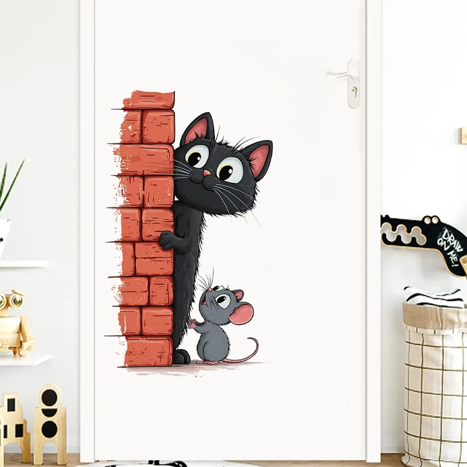 Vinilo pared con gato y ratón estilo infantil para dormitorio - imagen 5