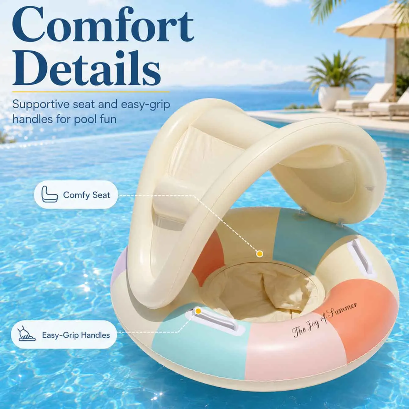 Flotador inflable piscina con toldo y asiento, agarraderas seguras - imagen 3