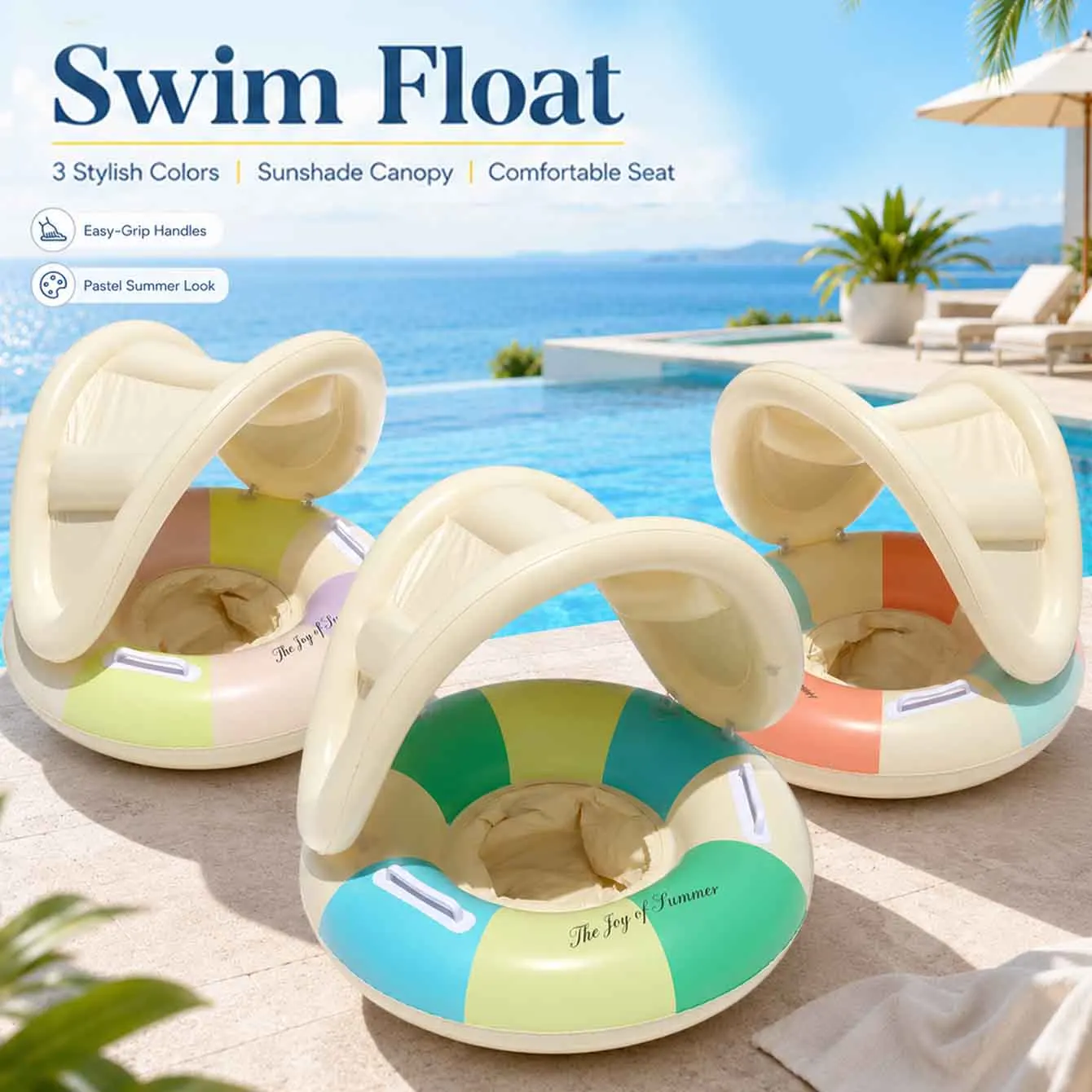Flotador inflable piscina con toldo y asiento, agarraderas seguras - imagen 4
