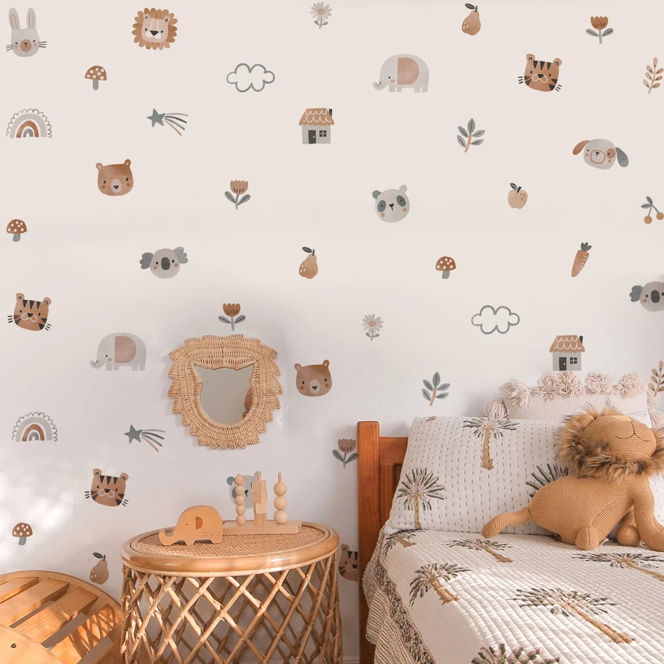 Pegatinas de pared infantiles boho acuarela de león y koala