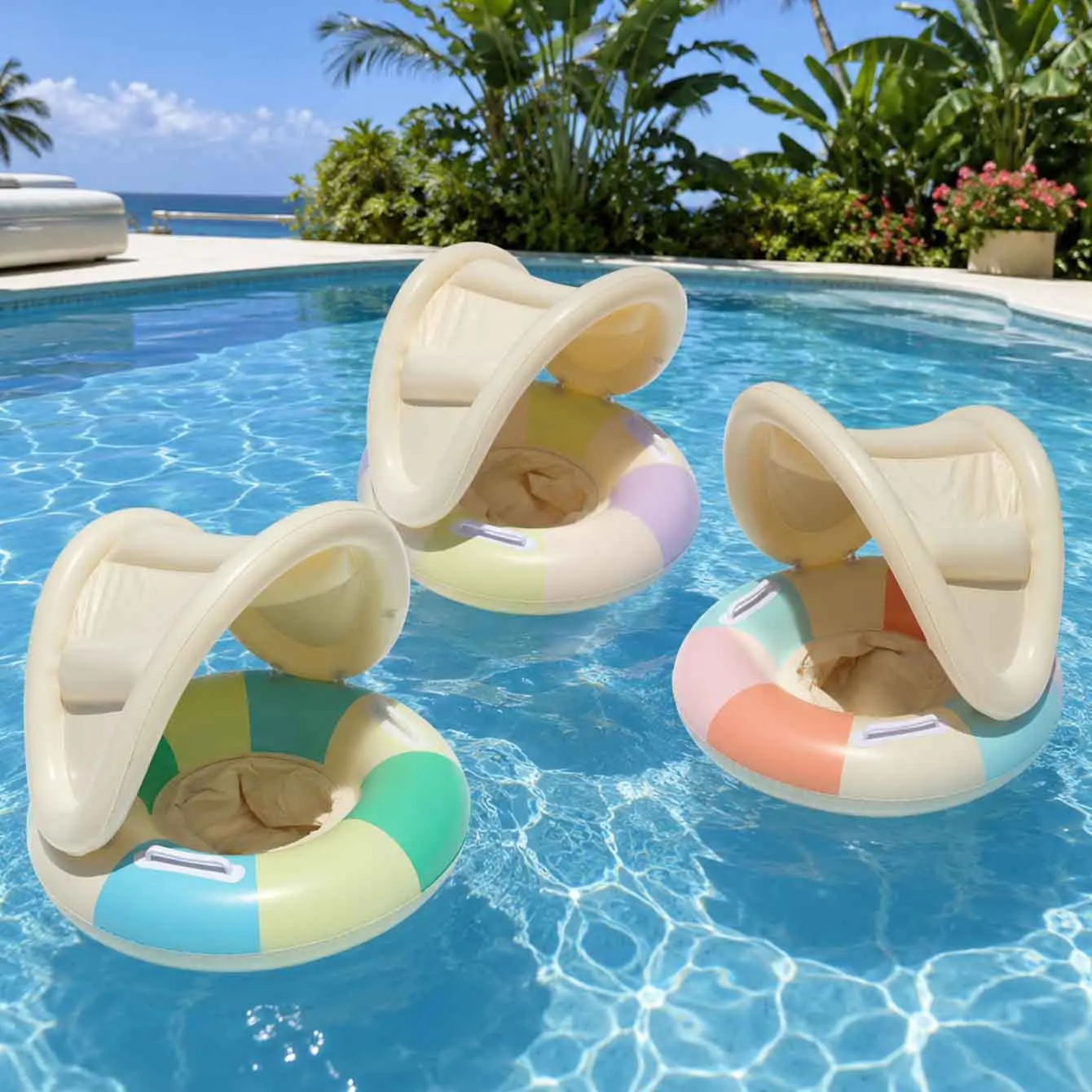 Flotador inflable piscina con toldo y asiento, agarraderas seguras - imagen 5