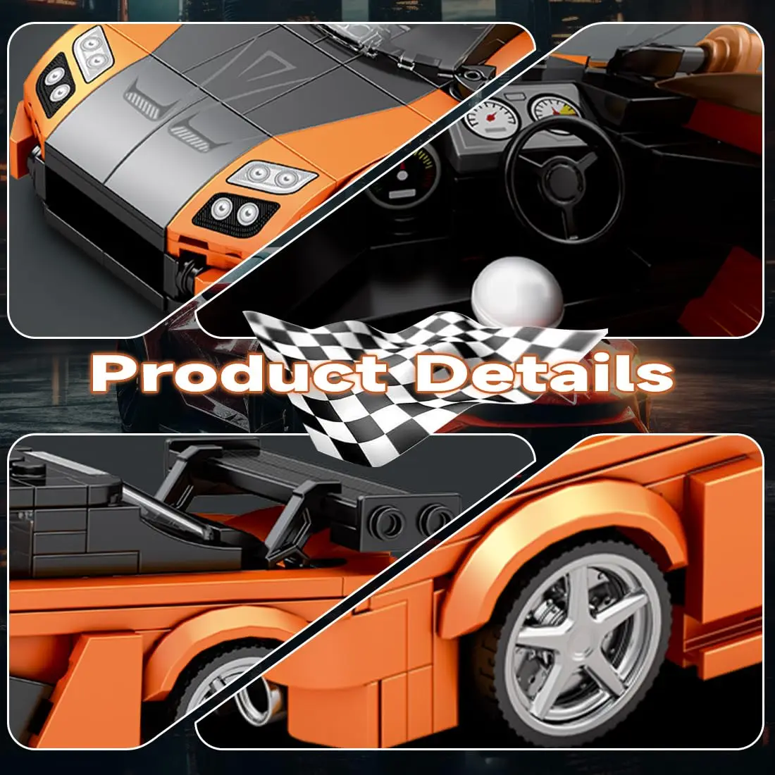 Coche de construcción deportivo naranja en bloques para niños - imagen 4