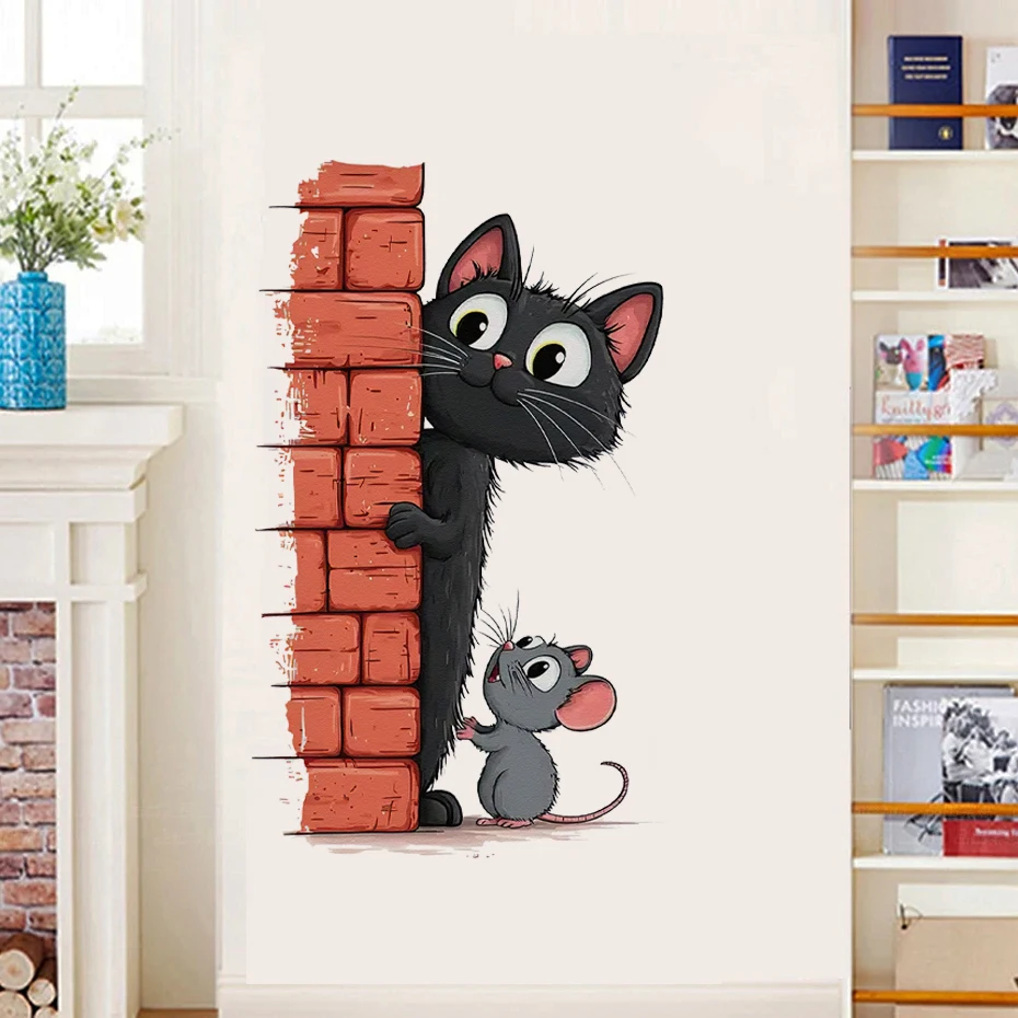 Vinilo pared con gato y ratón estilo infantil para dormitorio - imagen 3