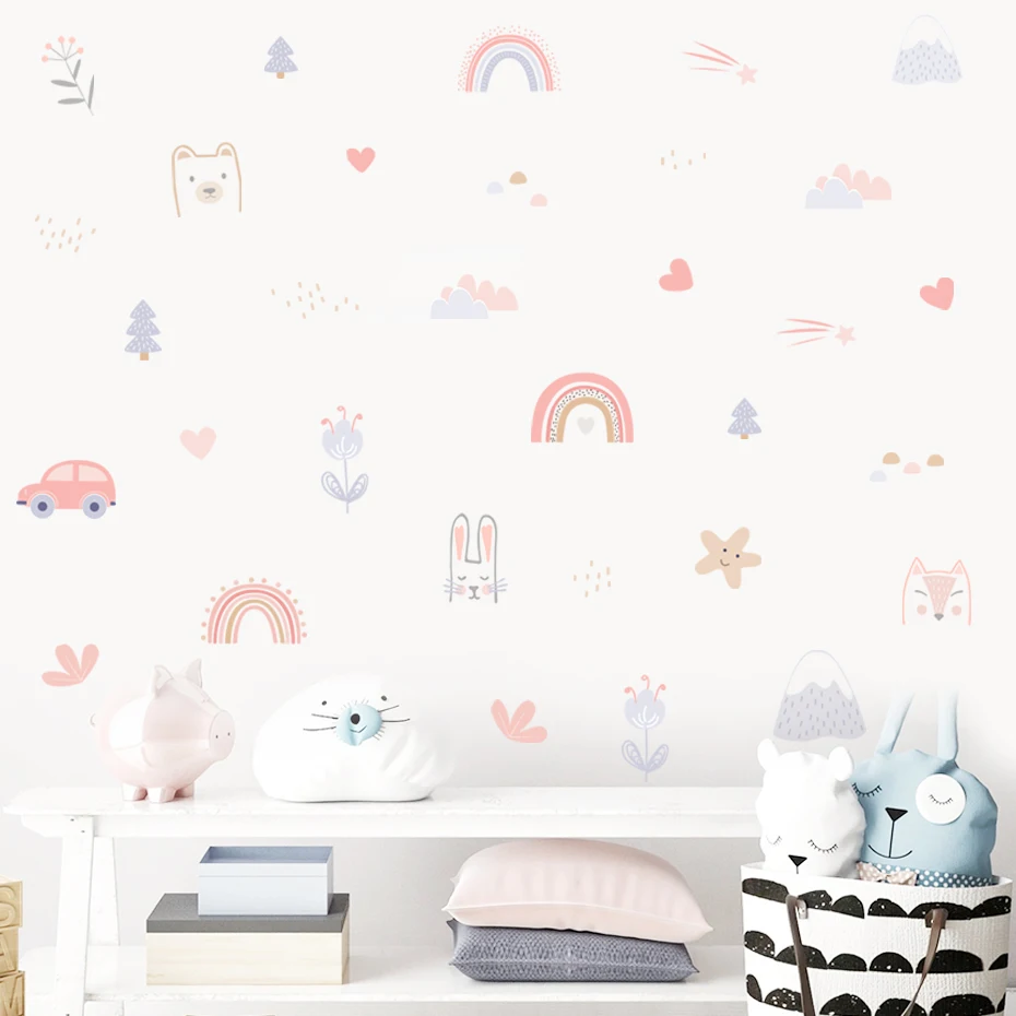 Vinilo pared infantil removible arcoíris con estrellas y animales