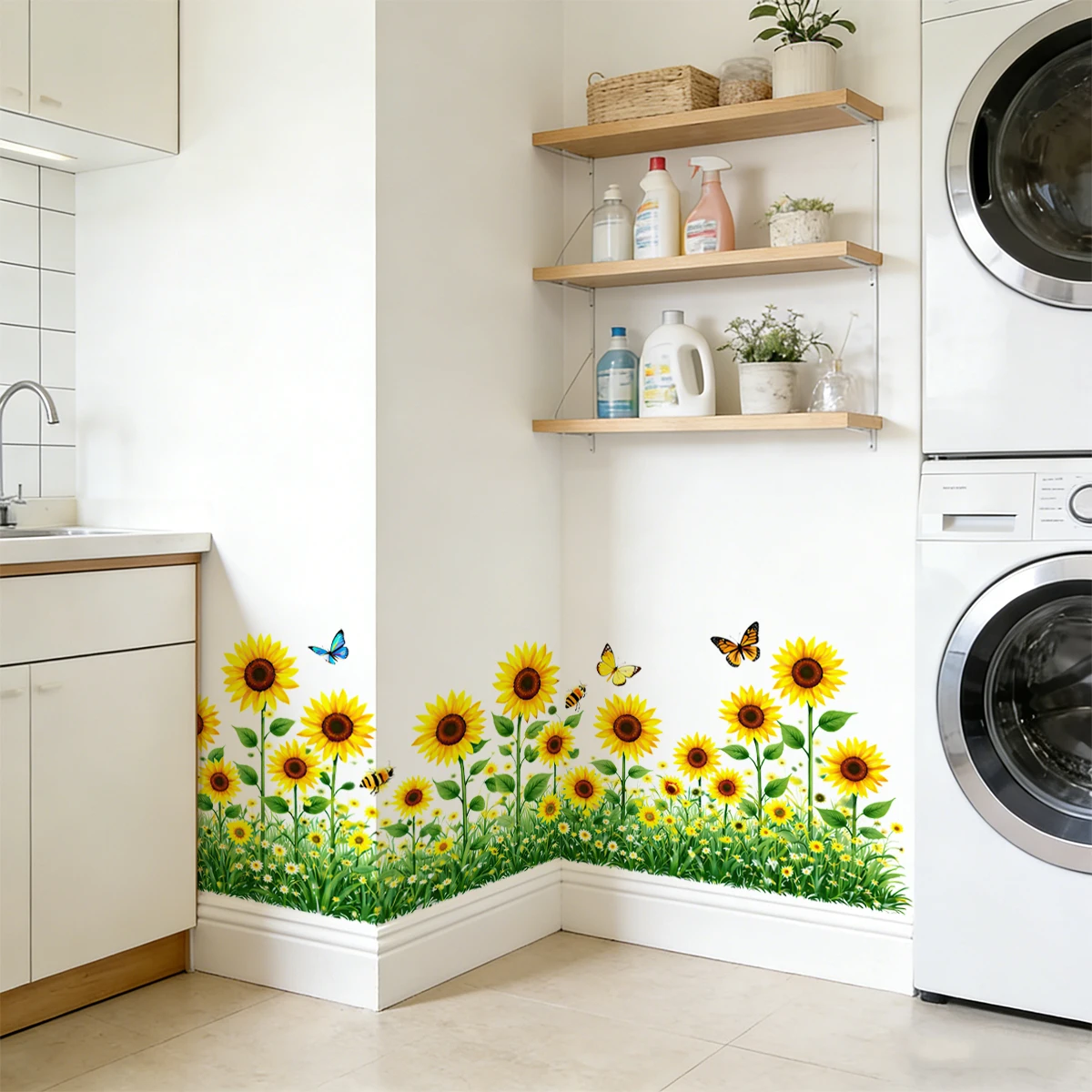 Pegatinas de pared girasoles removibles para zócalos con mariposas - imagen 3