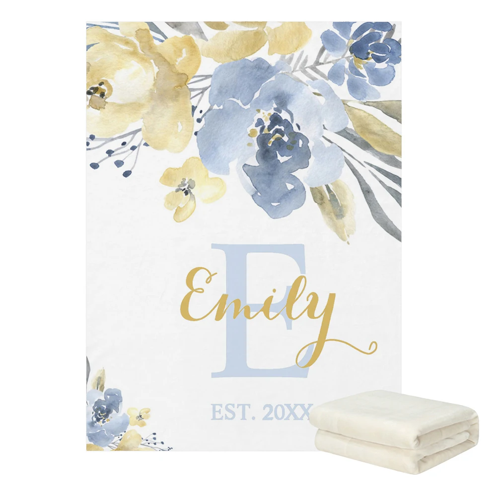 Manta de bebé con nombre personalizado – Estilo floral acuarela