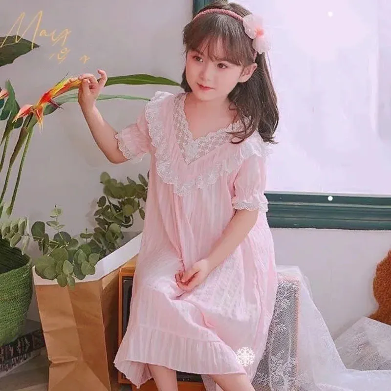 Camisón fino de algodón para niña manga corta con encaje, verano - imagen 4