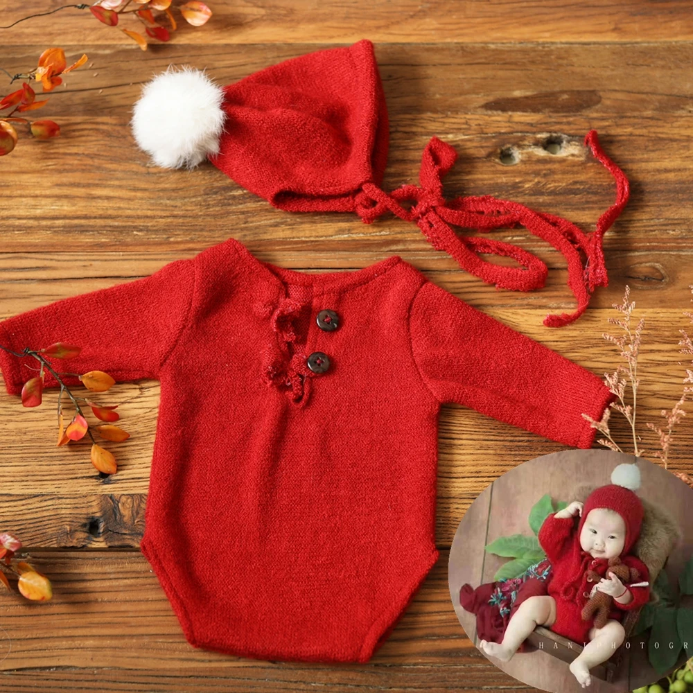 Conjunto de fotografía recién nacido rojo Navidad con gorro - imagen 3