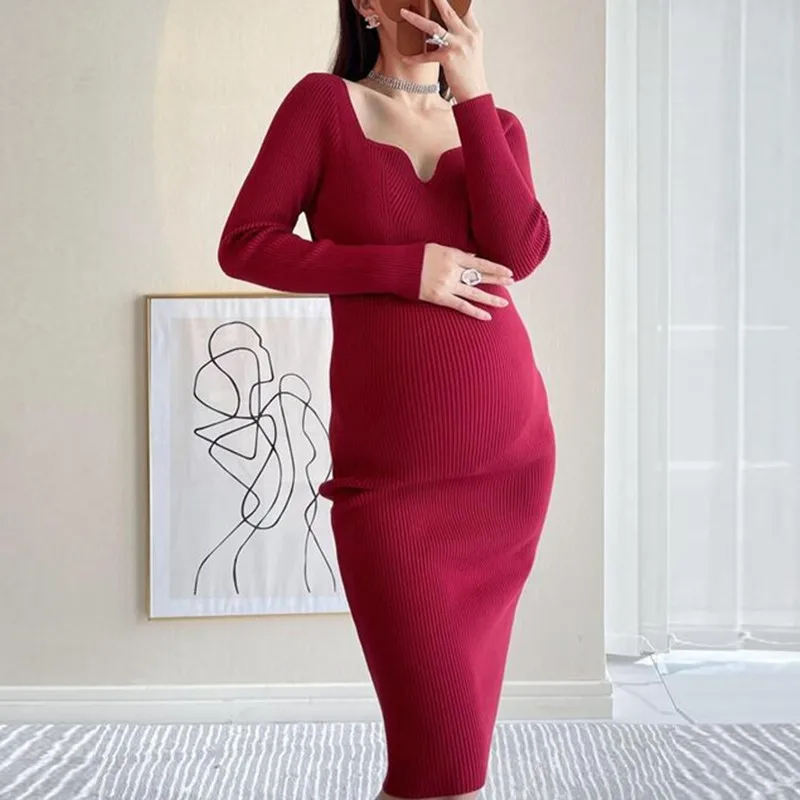 Vestido de embarazo de punto elástico de manga larga para otoño - imagen 4