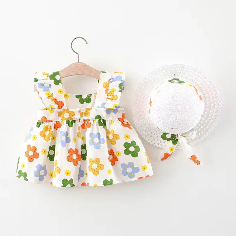 Conjunto completo de vestido y sombrero floral