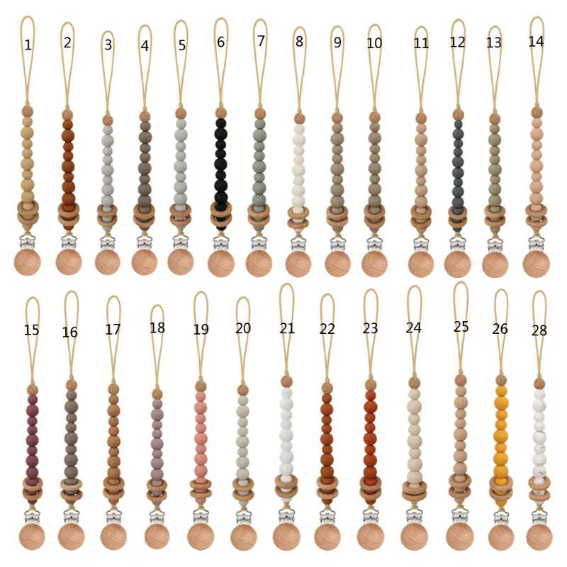 Cadena para chupete infantil de silicona y anillo de madera
