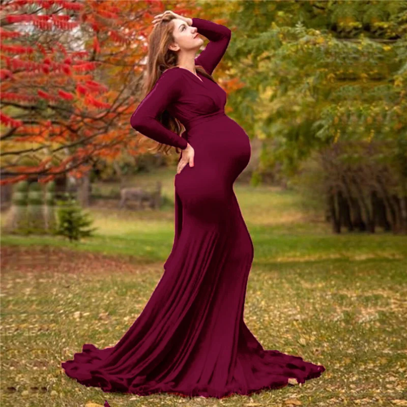 Vestido de maternidad elegante primavera con cuello V y manga larga - imagen 4