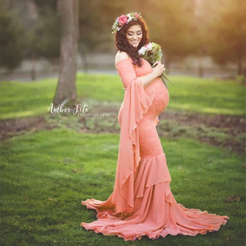Vestido de maternidad de encaje sin hombros para sesión de fotos - imagen 4