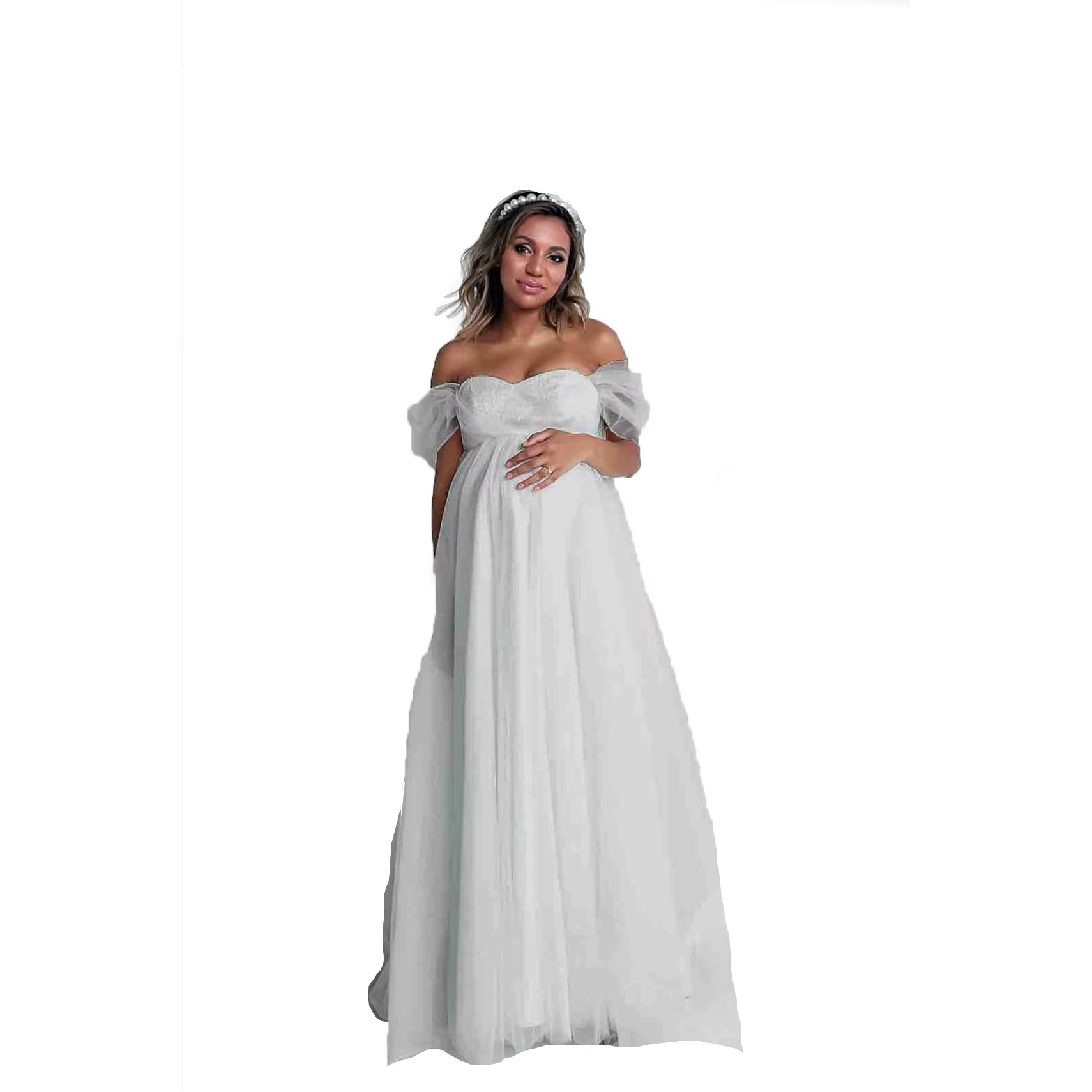 Vestido de embarazo sin tirantes, encaje con cuello en V elegante - imagen 2
