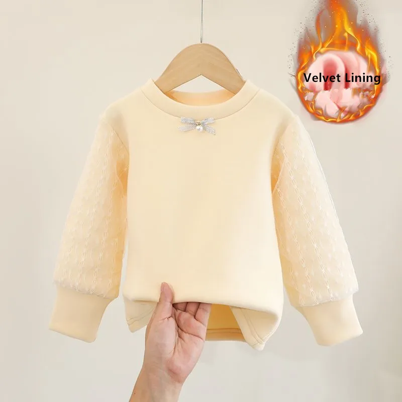 Camiseta de algodón con forro de terciopelo y encaje para niña - imagen 3