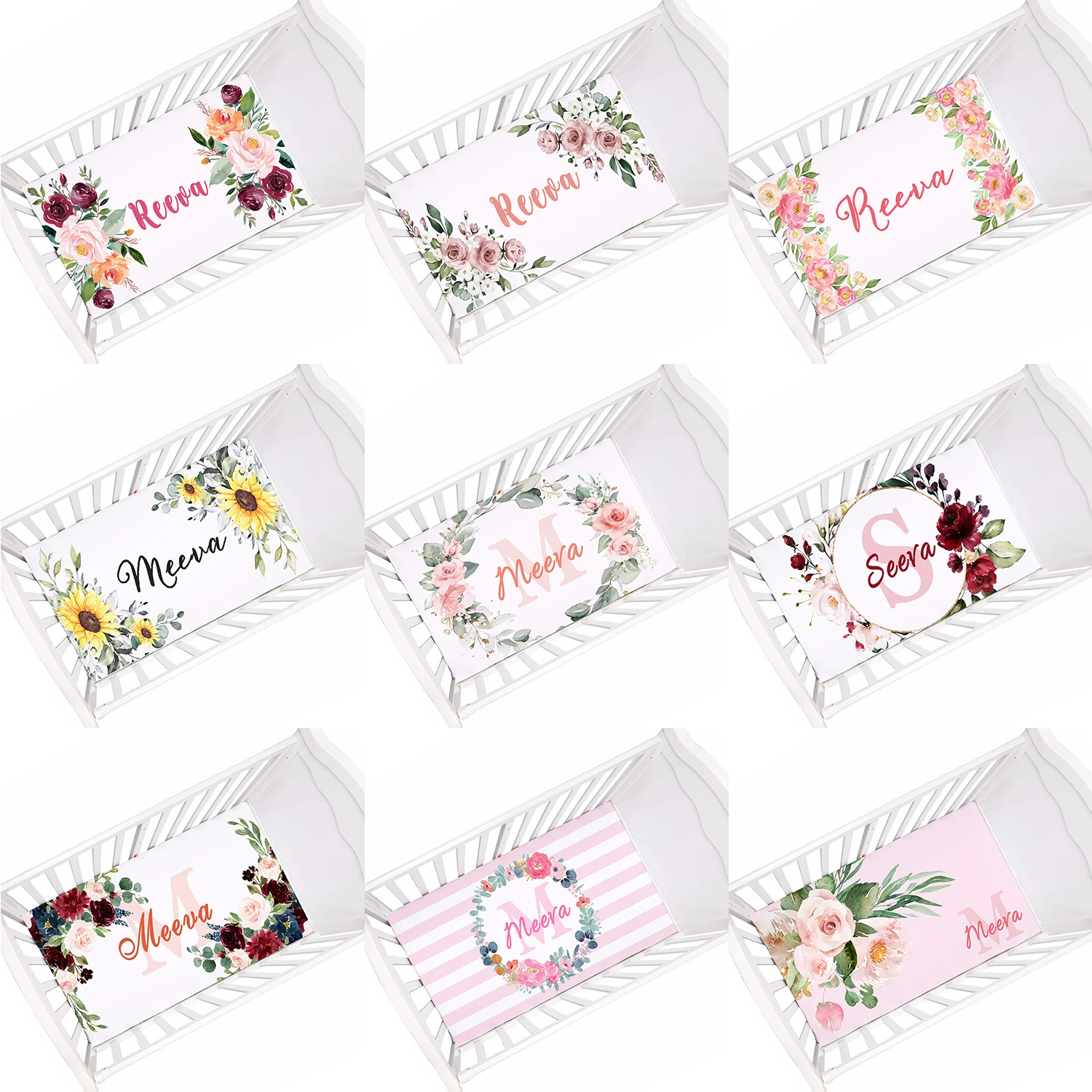 Sábana ajustable para cuna con nombre personalizado y flores - imagen 5