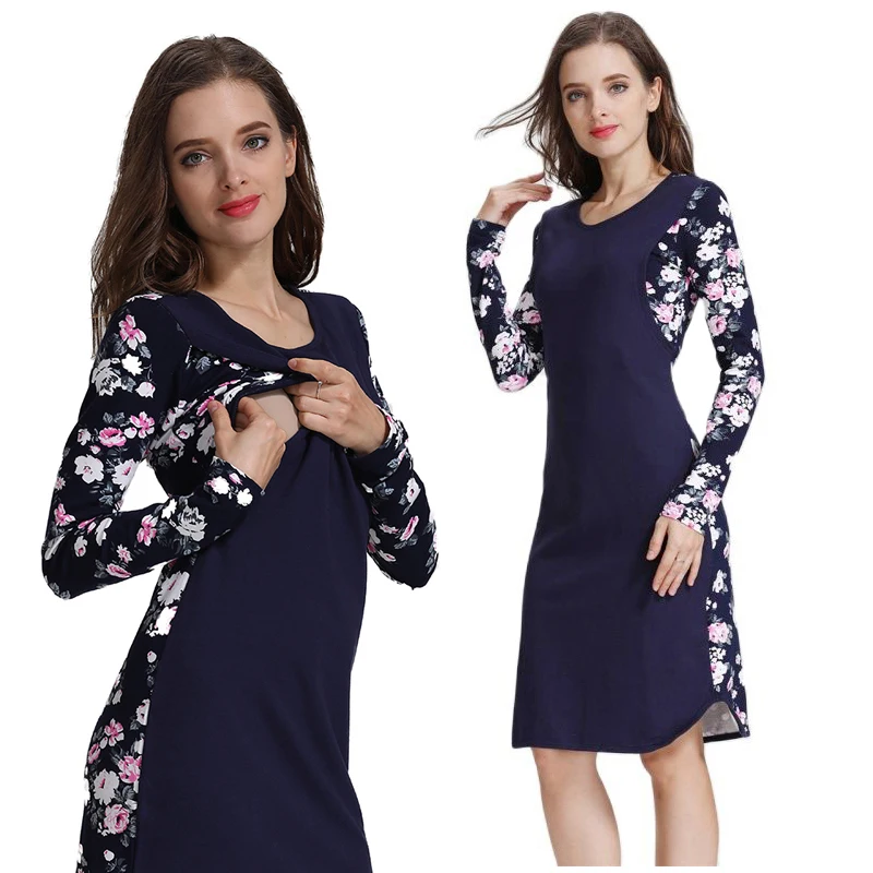 Vestido de lactancia otoño manga larga algodón elástico estampado