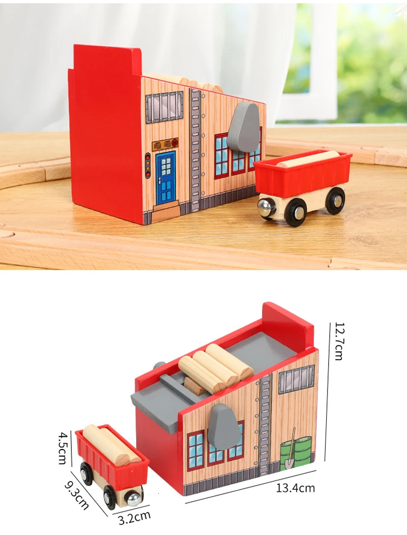 Detalle del aserradero compatible con vías de tren de madera para niños