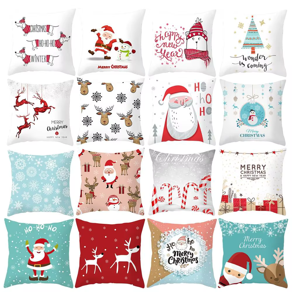 Funda de almohada navideña para niños con renos y Papá Noel