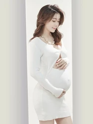 Vestido punto blanco maternidad para sesión de fotos estudio