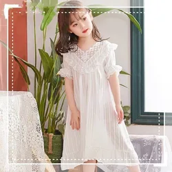 Camisón fino de algodón para niña manga corta con encaje, verano