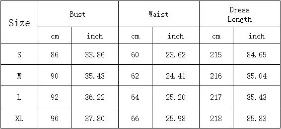 Tabla de tallas del vestido
