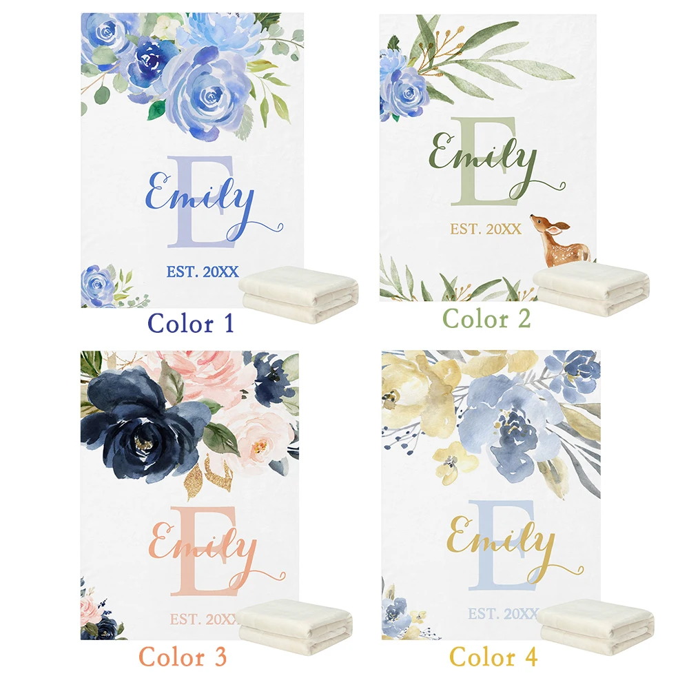 Manta de bebé con nombre personalizado – Estilo floral acuarela - imagen 3