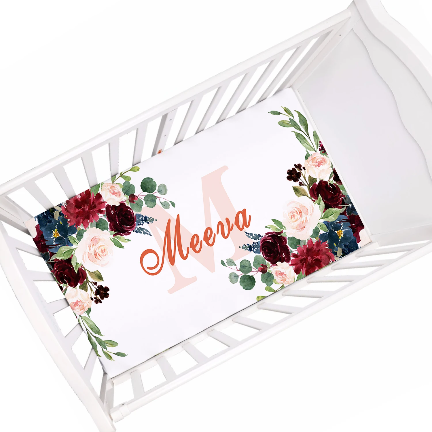 Sábana ajustable para cuna con nombre personalizado y flores