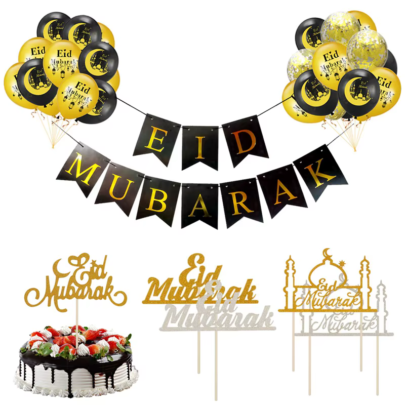 Globos de pancarta EID Mubarak decorando un pastel tradicional