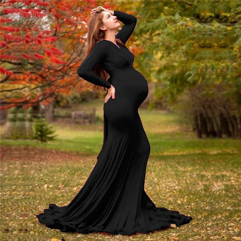 Vestido de maternidad elegante primavera con cuello V y manga larga - imagen 2