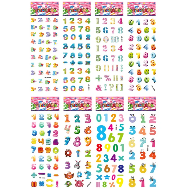 Pegatinas 3D de PVC con letras y números para niños mostrando colores vivos