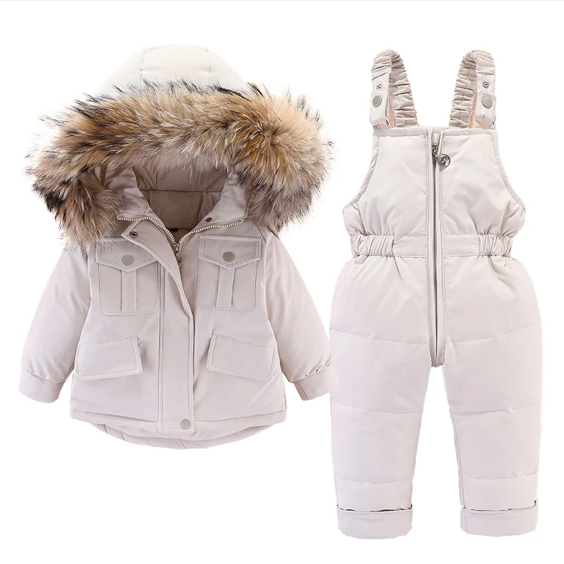 Conjunto invernal chaqueta y pelele para bebés, cuello de piel