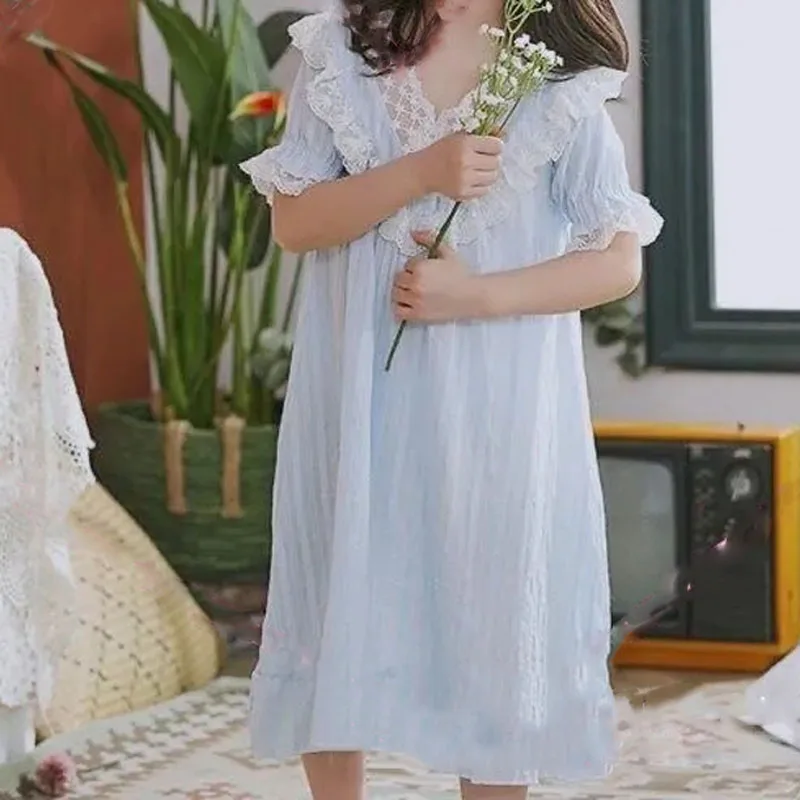 Camisón fino de algodón para niña manga corta con encaje, verano - imagen 2