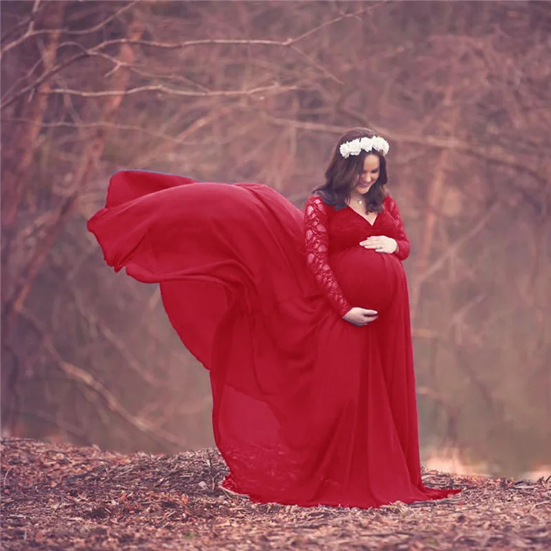 Vestido maxi de gasa y encaje para sesión de fotos de maternidad