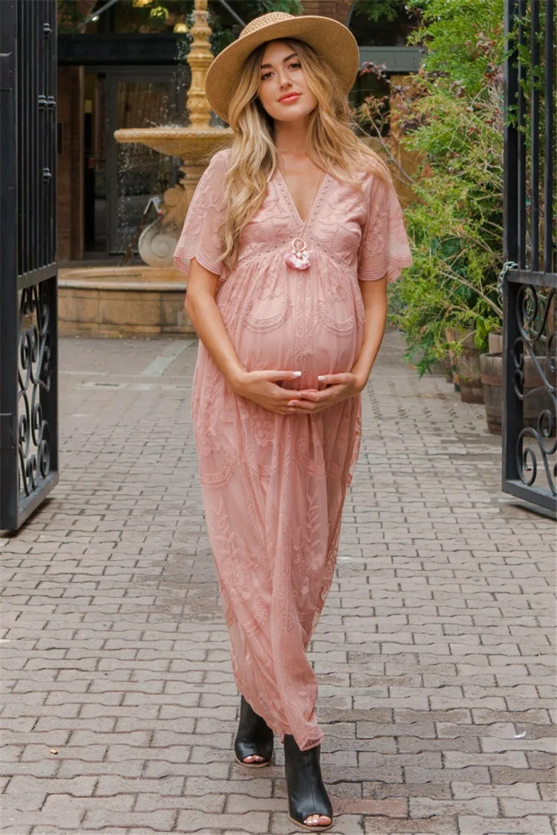 Vestido largo de maternidad con cuello en V y encaje