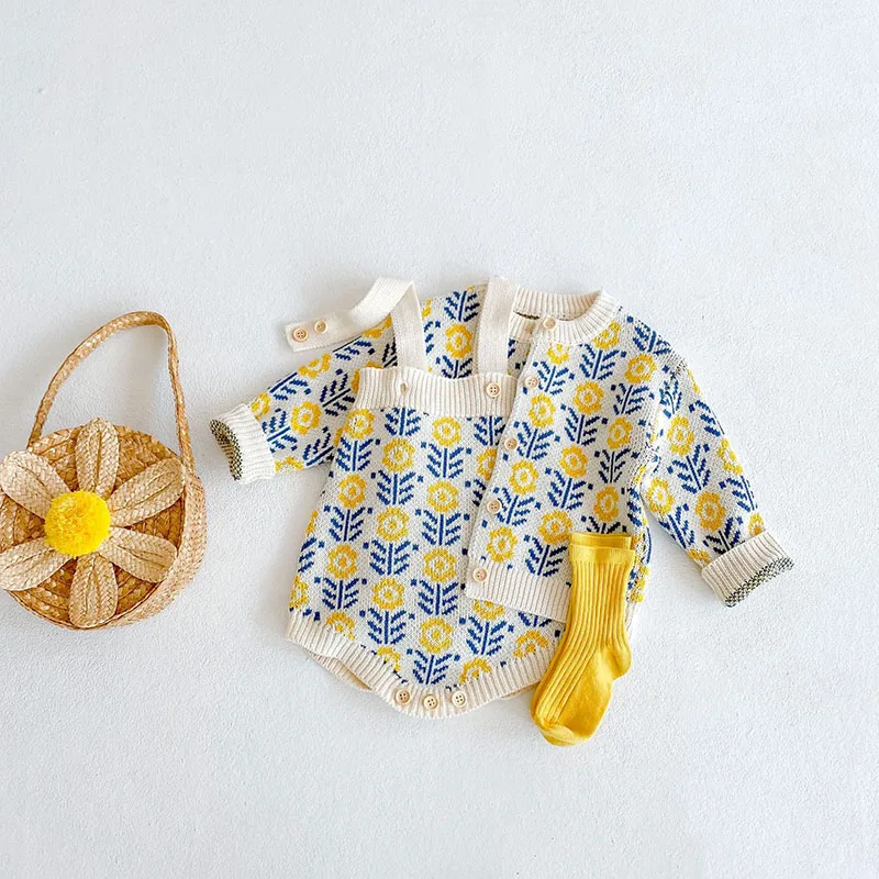 MILANCEL Conjunto otoño para bebé niña – Cárdigan tejido y mono floral - imagen 3